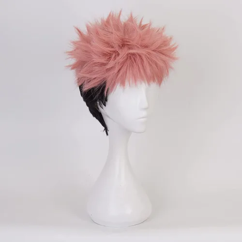 Vista 3 de Peluca de anime para cosplay de Jujutsu Kaisen Yuji Itadori rosa negro pelucas de repuesto de cabello corto para niñas y niños, fiesta, Halloween