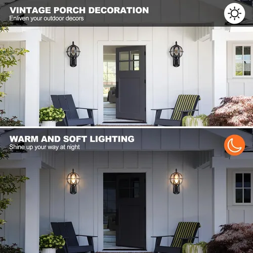 Vista 6 de Paquete de 2 lámparas de pared para exteriores, apliques de porche, iluminación montada en la pared con enchufes E26 y pantallas de vidrio, modernas