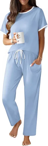 Vista 12 de Ekouaer - Conjunto de pijama de 100% algodón para mujer, manga corta, con pantalón largo, 2 piezas, juego de ropa para dormir con bolsillo