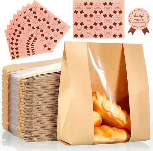 Vista 2 de Meanplan 150 bolsas de panadería con ventana, bolsas grandes de papel para pan casero, embalaje Kraft con 10 hojas de calcomanías para pan de masa