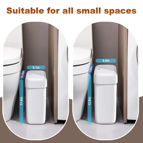 Vista 2 de funest Paquete de 2 basureros de baño con tapa desplegable, cubo de basura de plástico de 3 galones y 2.7 galones para espacios pequeños, papelera