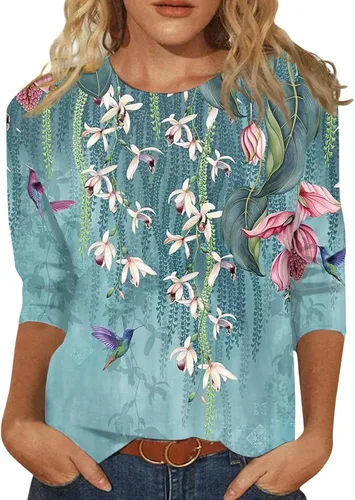 Vista 2 de Camisetas de verano para mujer, manga 34, diseño étnico, floral, ajustadas, cuello redondo, ajustadas, media manga, blusa de primavera