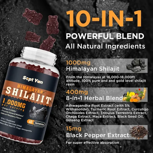 Vista 2 de Shilajit - Gomitas de 1000 mg – Shilajit puro orgánico del Himalaya para hombres y mujeres, más de 85 minerales traza resina Shilajit