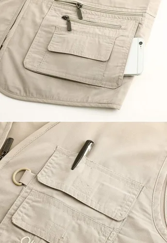 Vista 6 de Hbufnha Chaleco de viaje casual Safari para hombre, 16 bolsillos, chaleco de trabajo al aire libre, chaqueta sin mangas, chaqueta de pesca