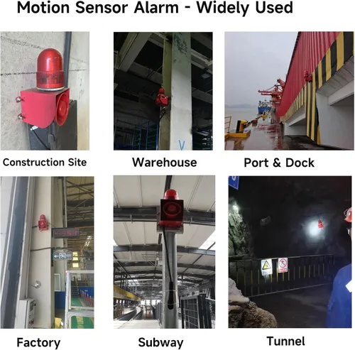 Vista 8 de Sensor de Movimiento Alarma 120dB Bocina Tonos de Volumen Ajustable Impermeable LED Luz Estroboscópica Sirenas Detector de Movimiento Sistema