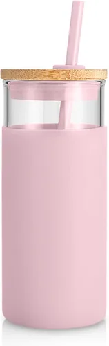 Vista 33 de Tronco Vaso de vidrio de 20 onzas con tapa y popote, taza de café helado y vaso para batido con tapas de bambú y funda protectora de silicona, apto