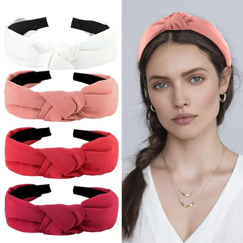 Vista 9 de YISSION Paquete de 4 diademas anudadas para mujer, diademas de tela de torsión ancha, color sólido, antideslizantes, accesorios para el cabello