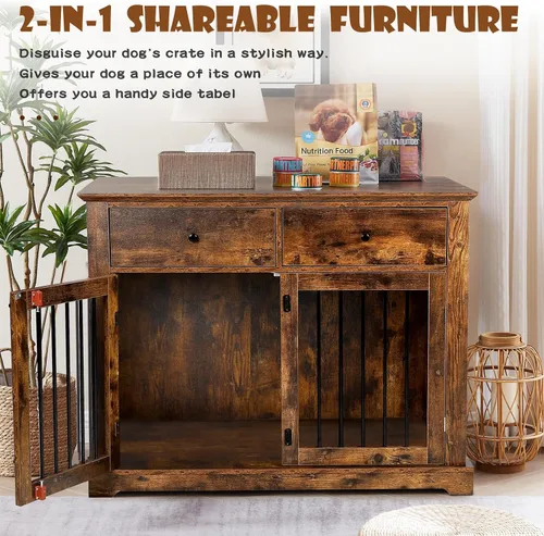 Vista 2 de LEMBERI Mueble de jaula para perros grande de 44 pulgadas, mesa auxiliar de madera para perros con cajones de almacenamiento, jaula decorativa