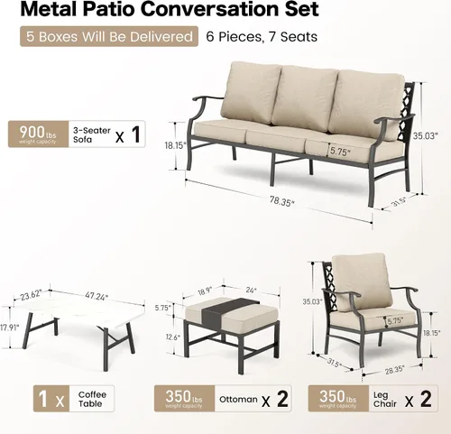 Vista 6 de SUNSHINE VALLEY Juego de conversación al aire libre de metal de 6 piezas, 7 asientos