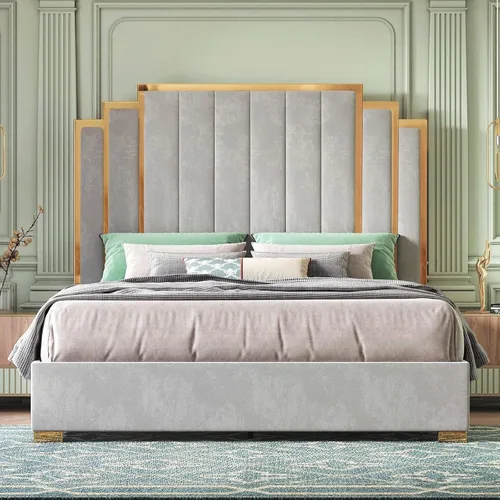Vista 12 de HOWE Base de cama tapizada tamaño Queen de 61 pulgadas con borde chapado en Negro