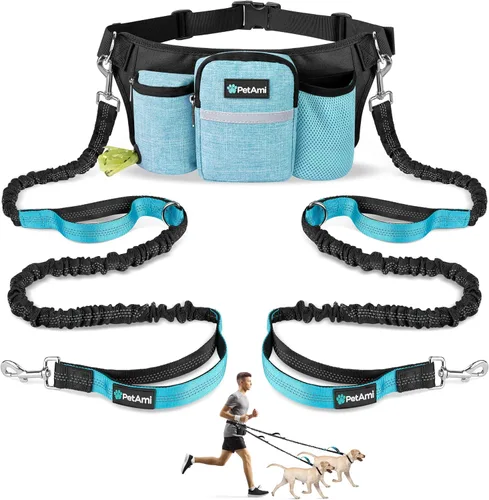 Vista 9 de PetAmi Correa de perro manos libres premium para 2 perros, correa de cinturón ajustable para caminar con perro, bolsa de accesorios de mochila