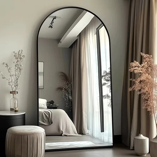 Vista 9 de Itsrg Espejo de longitud completa, con soporte, de piso, espejo de pared arqueado, de gran tamaño, para dormitorio, negro
