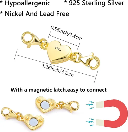 Vista 3 de Collar magnético de corazón de oro de 14 quilates, cierres y cierres de plata de ley 925, cierre de langosta doble, cierres magnéticos de joyería