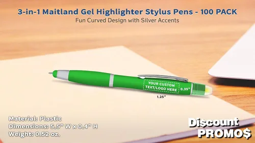 Vista 4 de DISCOUNT PROMOS Maitland - Bolígrafos capacitivos de gel de escritura suave personalizados, paquete de 100 unidades, resaltadores, texto