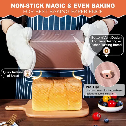 Vista 3 de Pavsrmy Paquete de 2 moldes para pan Pullman con tapa, capacidad para 1 lb/0.5 lb de masa, molde premium para pan de sándwich con tapa, molde