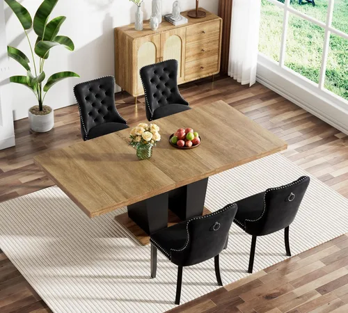 Vista 2 de Juego de mesa de comedor extensible de 5 piezas con 4 sillas de tela, mesa extensible marrón con base negra, juego moderno de comedor de madera