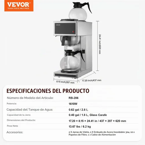 Vista 7 de VEVOR Cafetera comercial del goteo 12 tazas estilo del goteo de la máquina