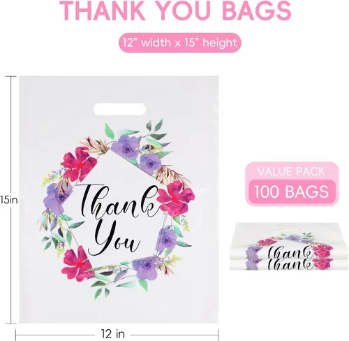 Vista 3 de POPGIFTU Bolsas de agradecimiento florales con asas, bolsa de plástico de 12 x 15 pulgadas, paquete de 100 – Boutique, regalo, recuerdo de fiesta