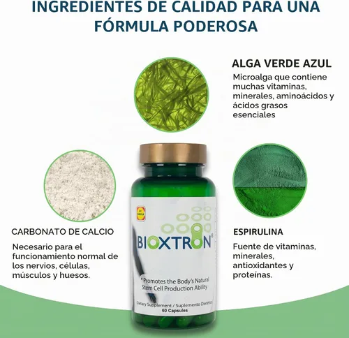 Vista 4 de Bioxtron Suplemento Natural de Células Madre en Cápsulas - Algas Azules y Verdes, Espirulina, Apoyo Energético - 60 Cápsulas