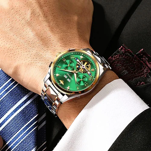 Vista 2 de OUPINKE Relojes automáticos para hombre, con esqueleto de diamante, cuerda automática, reloj de pulsera de lujo, cristal de zafiro, acero