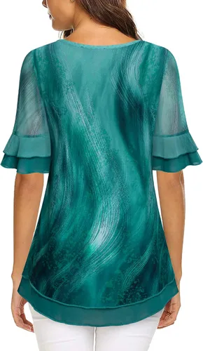 Vista 3 de VALOLIA Blusa de manga corta para mujer, estilo casual, holgada, floral, de malla, plisada, en capas