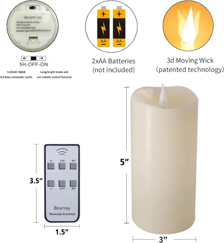 Vista 3 de Velas sin llama a pilas con temporizador de control remoto, velas LED parpadeantes con llama móvil 3D, cera real, 3 x 5 pulgadas, marfil realista