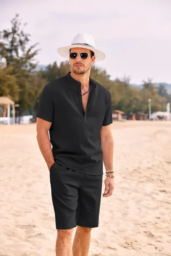 Vista 8 de COOFANDY Conjunto de 2 piezas de lino para hombre, camisas Henley casuales de manga corta, pantalones cortos de yoga para la playa, pantalones