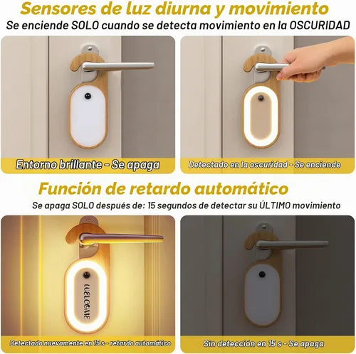 Vista 5 de Luz Nocturna de Llave de Puerta con Sensor de Movimiento para Mensaje Memo de Madera, Lámpara LED de Cerradura de Puerta con Tablero de Perilla