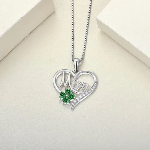 Vista 4 de YL Collar de corazón para mamá de plata de ley con colgante de trébol de amor, joyería para mujer