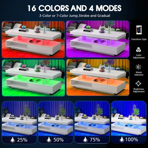Vista 3 de Mesa de centro LED con almacenamiento, mesas de centro LED de alto brillo para sala de estar, mesa central con estante abierto y cajones Blanco
