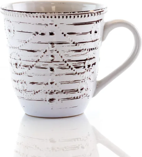 Vista 5 de Elama Rustic Birch - Juego de vajilla redonda de cerámica festoneada en relieve de 16 piezas, color blanco con detalles marrones