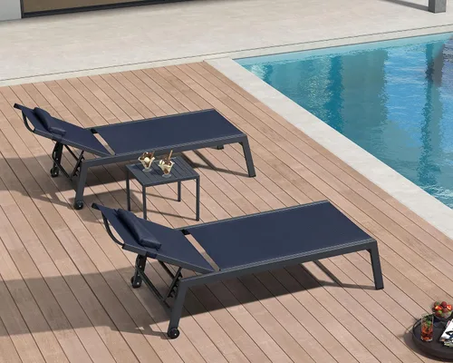 Vista 25 de PURPLE LEAF Juego de sillas de lounge al aire libre de gran tamaño de 3 piezas para patio, tumbona para piscina, estructura de aluminio con mesa