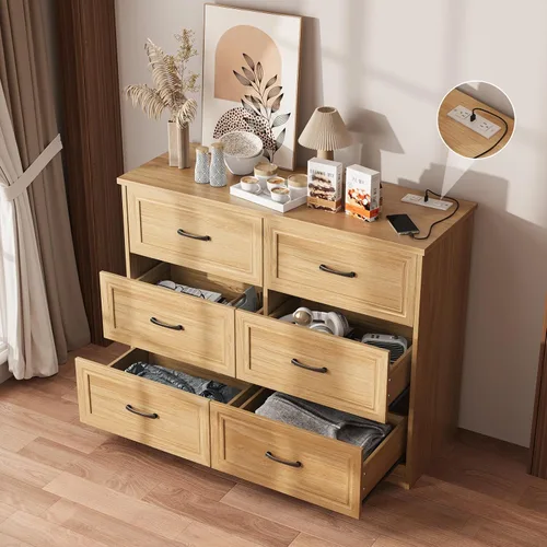 Vista 10 de Fameill - Cómoda para dormitorio, organizador de 9 cajones con estación de carga, cómoda alta para pasillo, cómoda de madera con tiradores de metal