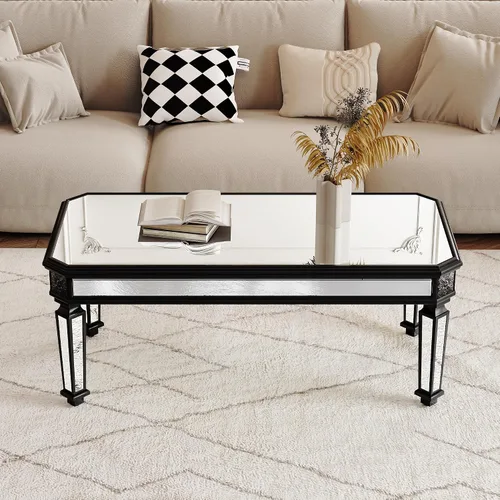 Vista 4 de Polibi Mesa de centro con espejo plateado, mesa central rectangular tallada vintage de vidrio con acabado de espejo para sala de estar y oficina