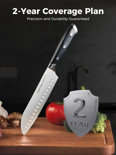 Vista 12 de Santoku - Cuchillo de 7 pulgadas, hoja alemana de acero inoxidable, cuchillo de corte profesional, mango ergonómico de madera de Pakkawood