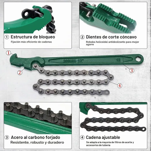 Vista 3 de Llave de cadena con trinquete de 12 pulgadas de gran capacidad, reversible, herramienta de filtro de aceite para tuberías, accesorios de tubería