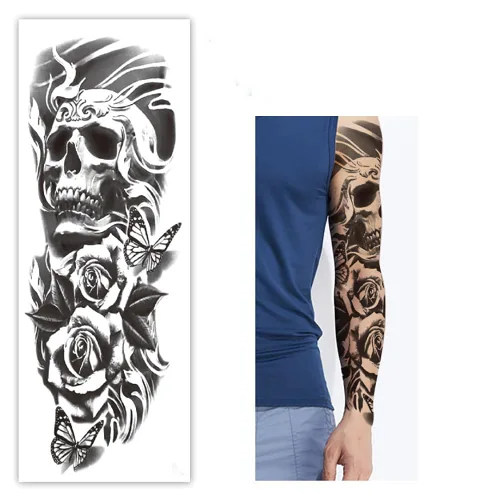 Vista 2 de Tatuajes temporales de Halloween, tatuajes temporales de 4 hojas de calavera de manga completa y 4 hojas de calcomanías de tatuaje de medio brazo