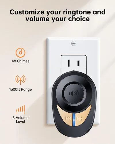 Vista 4 de Timbre inalámbrico, 1300 pies de largo alcance, 48 campanadas y 5 niveles de volumen, botón impermeable IP66, receptor enchufable con bocina