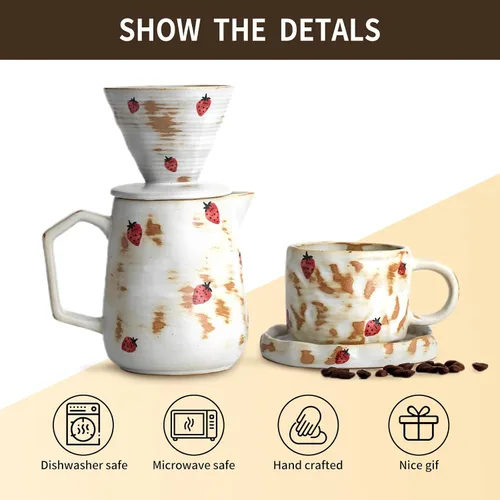 Vista 6 de Juego de cafetera hecha a mano con taza de café con patrón de fresa, 20 unidades, filtro de papel V60, cafetera de goteo de 20 onzas (fresa)