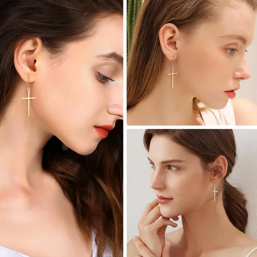 Vista 5 de HAIAISO 3 pares de aretes de cruz de acero inoxidable clásicos de oro rosa, plata y cruz colgantes, joyería de cruz minimalista para mujer