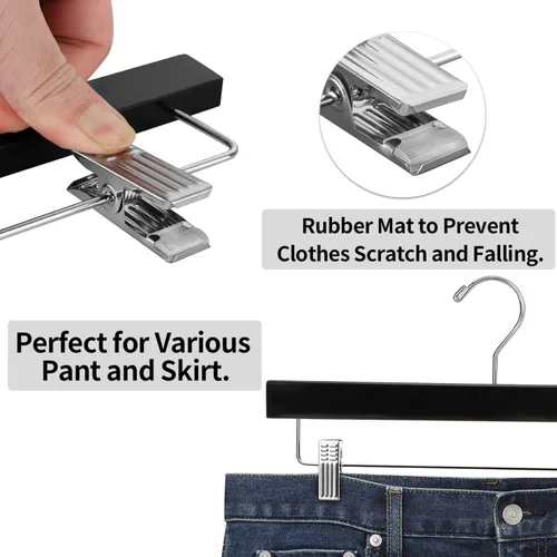 Vista 4 de AMKUFO 20 piezas de perchas de madera para pantalones, perchas sólidas para pantalones con clips ajustables de 14 pulgadas, perchas de madera negra