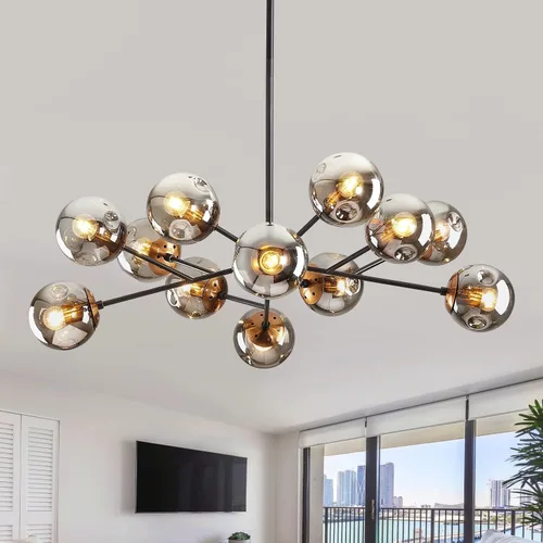 Vista 14 de DDLLDESHI Lámpara de araña de 6 luces dorada con cubierta esférica de vidrio Sputnik, lámpara de techo de 34" de gran tamaño para comedor, lámparas