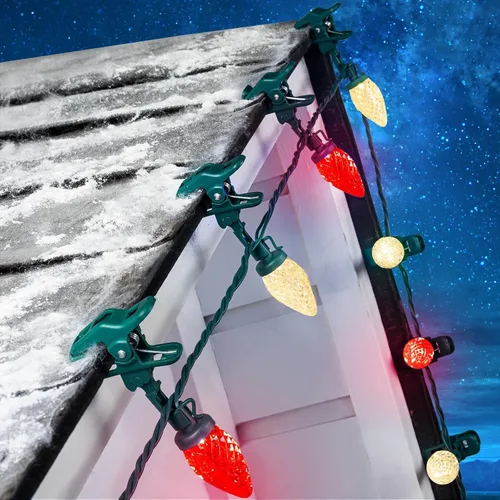 Vista 11 de Luces LED C9 de Navidad para exteriores, 68 pies, 100 luces LED de fresa con 100 abrazaderas de resorte, impermeable, grado comercial, extensible