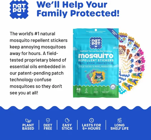Vista 5 de NATPAT Buzz Patch - Calcomanías de parche de mosquitos para niños, ingredientes a base de plantas, no tóxicos, el parche original de aceite esencial