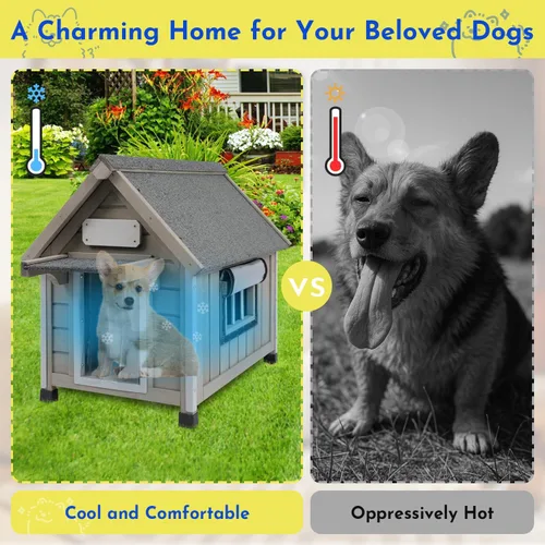 Vista 7 de Gowoodhut Casa para perros al aire libre, resistente a la intemperie, gran perrera de madera para interiores para perros pequeños con marco a prueba
