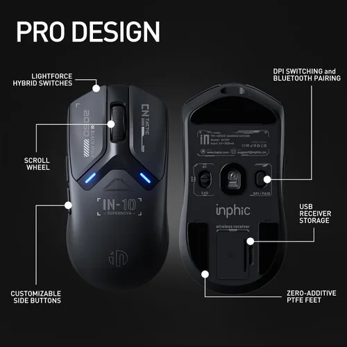 Vista 9 de INPHIC IN10P Superlight - Mouse inalámbrico para juegos, 2.12 oz, tasa de sondeo de 8K, 26,000 DPI, trimodo, sensor PAW3395, totalmente programable