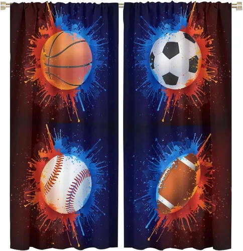 Vista 47 de Cortinas deportivas de baloncesto para niños, patrón de llama de bola 3D naranja, 42 pulgadas de ancho x 45 pulgadas de largo