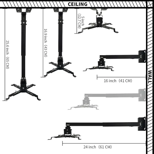 Vista 2 de Soporte de proyección de pared o techo con altura ajustable y brazo extensible para proyector del hogar y la oficina