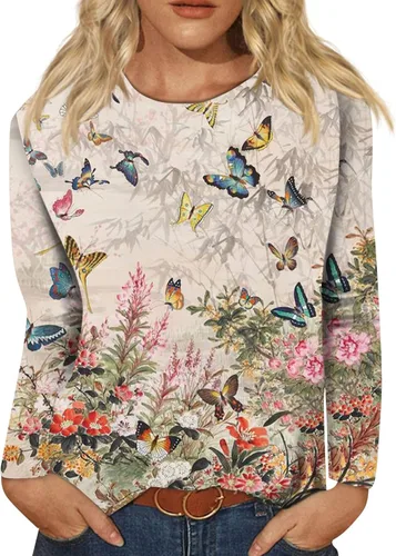 Vista 12 de Camisetas de manga larga para mujer, blusas elegantes y casuales con cuello redondo para mujer #00-Beige