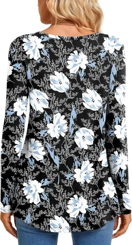 Vista 4 de CATHY Blusa tipo túnica de manga larga para mujer, cuello en V, con botones, informal, plisada, básica